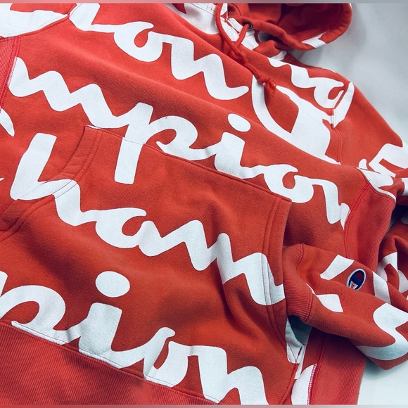 Champion Vintage Y2K Reverse Weave All Over Print Hoodie in Coral Size Small EUC - Picture 7 of 9